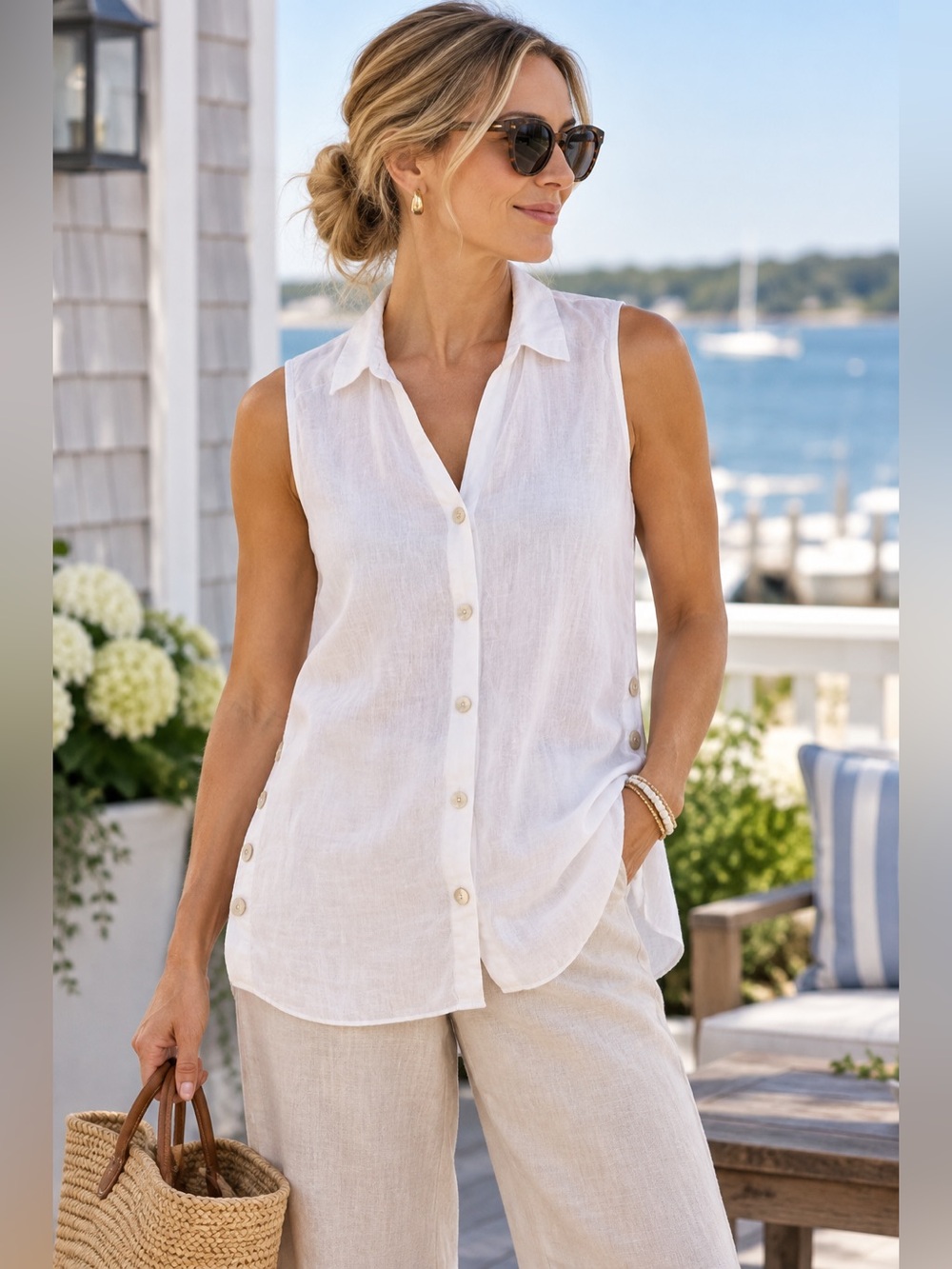 J.Jill Love Linen White 100% Linen Sleeveless Button Front Tunic Top Medium